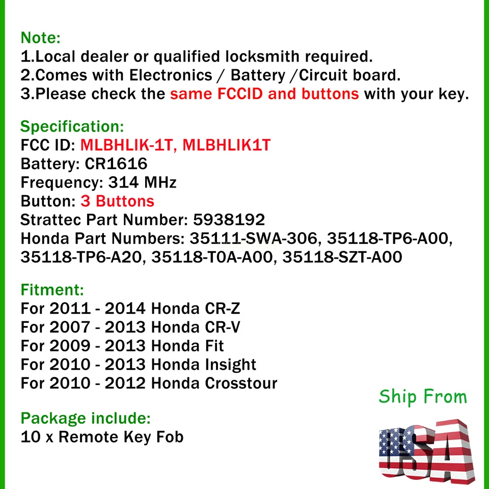 10 Replacement for 2009 2010 2011 2012 2013 Honda Fit Key Fob Remote MLBHLIK-1T - Image 2 of 4