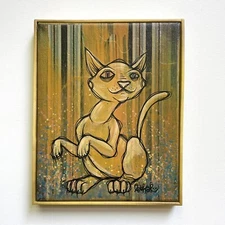 Original Pop Art Contemporary Yellow Cat Acrylic Painting By Ash Lethal OOAK