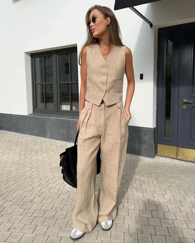 Women's Linen Cotton Vest and Pants Fashionable Summer Two-piece Set - Picture 13 of 25