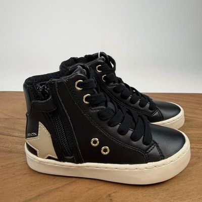 New Little Kids Geox Kalispera Black Leather High Top Shoes Size 26 US 9 C
