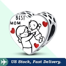 KUNSIR 925 Sterling Silver Charm For Bracelet Mother & Child Heart Bead Charm