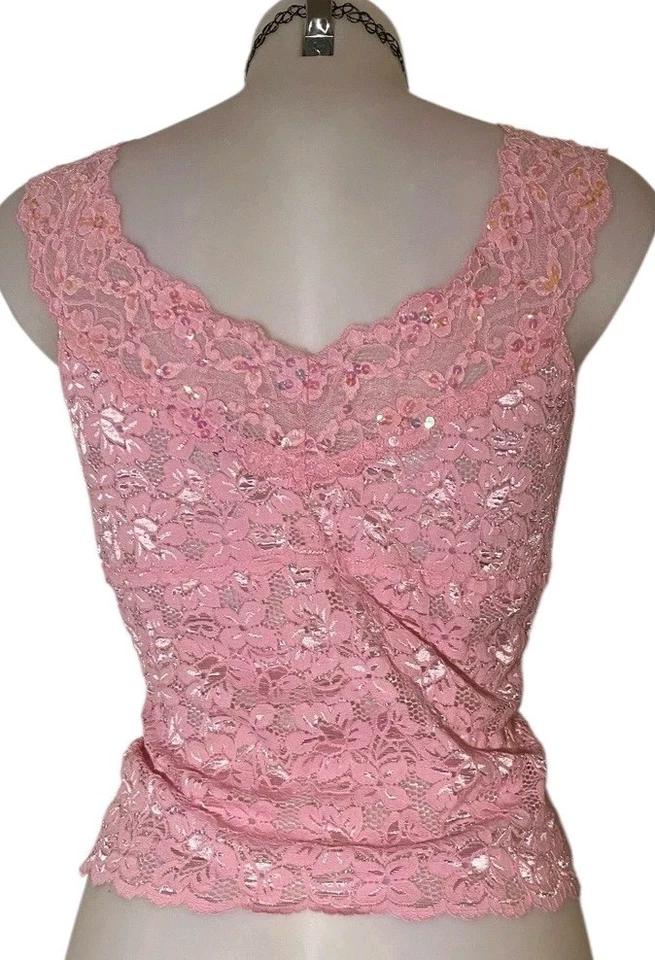 Y2k 90s Women’s Pink Beaded Lace Babydoll Coquette Kawaii Cami Tank Top Sz S - Image 2 of 4