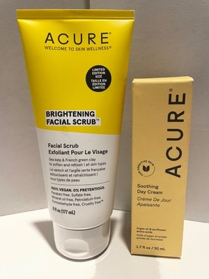 Acure Brightening Facial Scrub 6FL OZ Exfoliant and Soothing Day Cream 1.7 fl oz