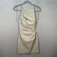 Zara Womens XS Beige Ruched Mini Dress w/ Strappy Back Design Cotton Blend New !