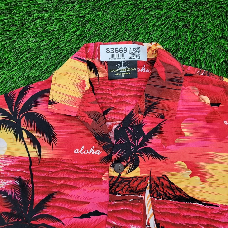 Camisa Vintage Hawaii Beach Sunset AOP Botón Pequeña 18x26 Aloha Palm Foto 3 de 4