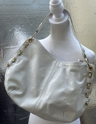 Roberta Gandolfi White Leather Italian Handbag Gold Chain Accents Zip Top Chic