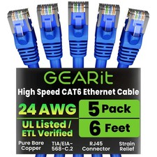 Blue 6 Ft 10 Gbps Snagless Gold Plated RJ45 Cat 6 Ethernet Patch Cable 5Pack