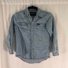 Wrangler Pearl Snap Shirt Boys Medium 7-8 Blue Long Sleeve Collared Cotton
