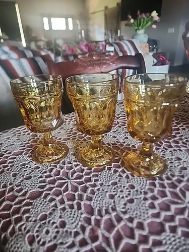 Set of 3 Vintage Anchor Hocking Fairfield Amber Wine Glasses 5" Tall - Nice