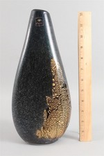 Vintage Italian Alfredo Barbini Murano Black Scavo Gold Foil MCM Art Glass Vase
