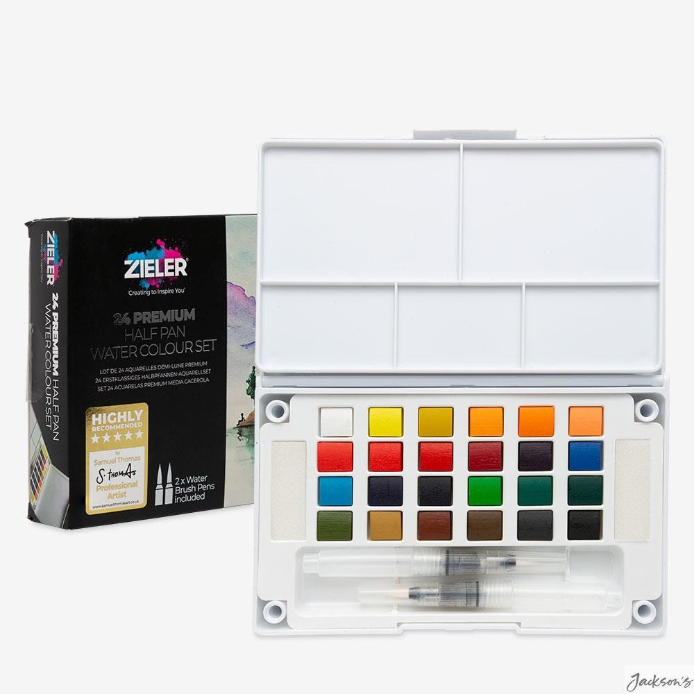 Zieler Premium Watercolour Paint Half Pan Set 24 Colours With Brushes For Travel