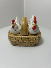 VTG Rooster & Hen in a Basket Salt & Pepper Shaker Japan Chickens Country