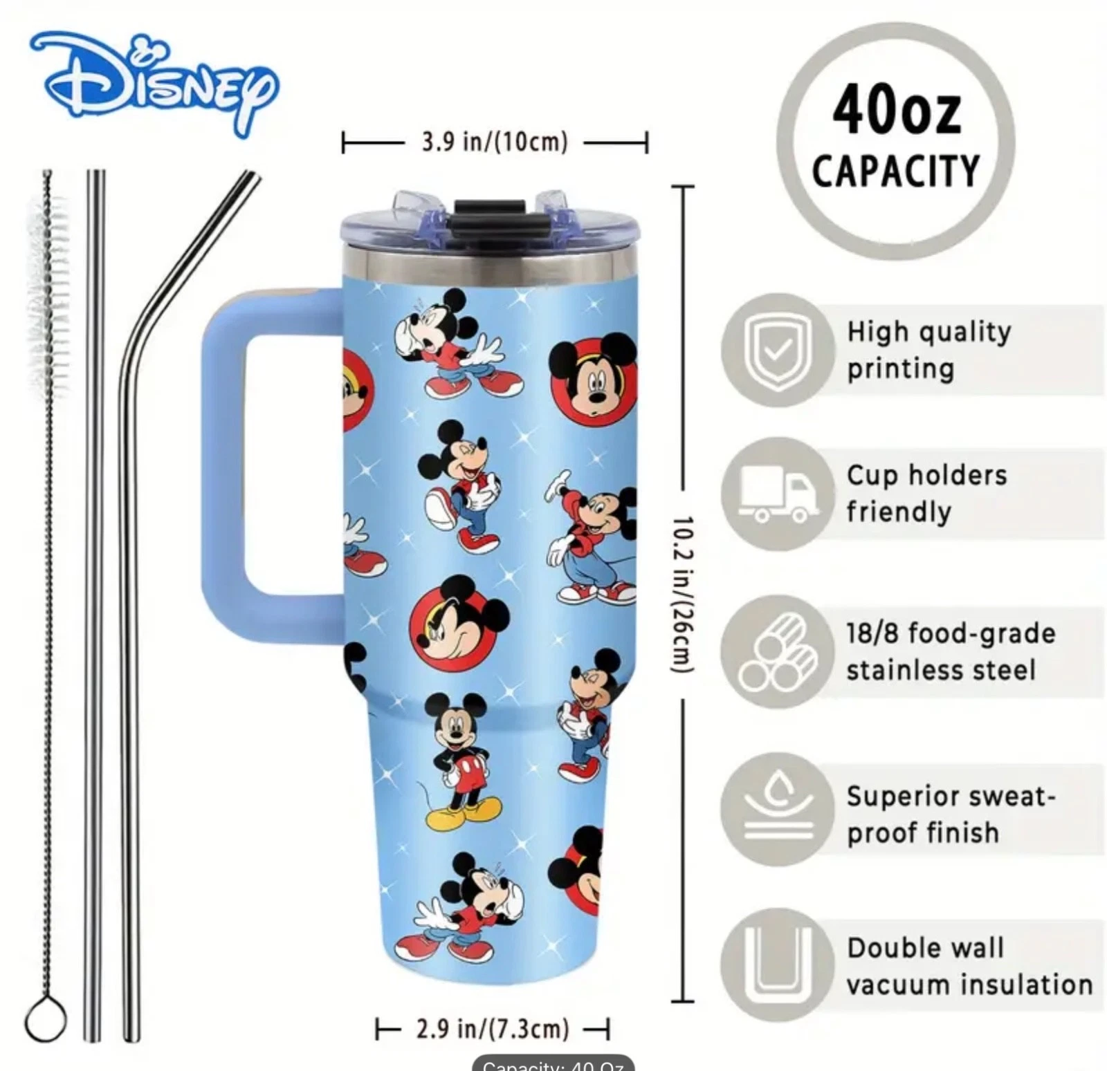 40 oz Stainless Steel Mickey Mouse Tumbler with Handle