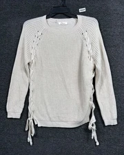 Elan Sweater Womens Size M Beige Side Knitted Lace Long Sleeve Round Neck