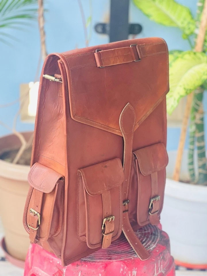 Goat Leather Bag Backpack Laptop Rucksack Men Vintage Brown Genuine S Travel New