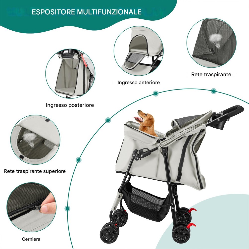 Passeggino Pieghevole per Cani e Gatti Taglia Media-Grande fino a 30kg Grigio foto 3