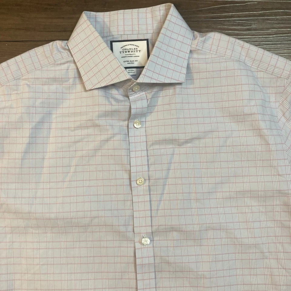 Camisa de Vestir CHARLES TYRWHITT 17/36 Calce Extra Ajustado Puño Francés Azul Rosa Rayas Foto 2 de 4