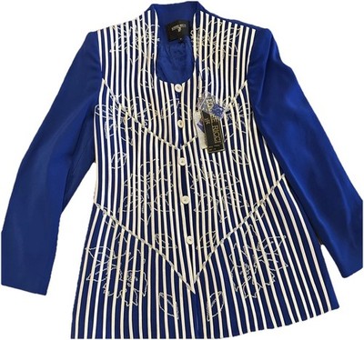 Royal Blue Beaded Striped Evening Blazer Jacket Formal Statement Size 10 NWT