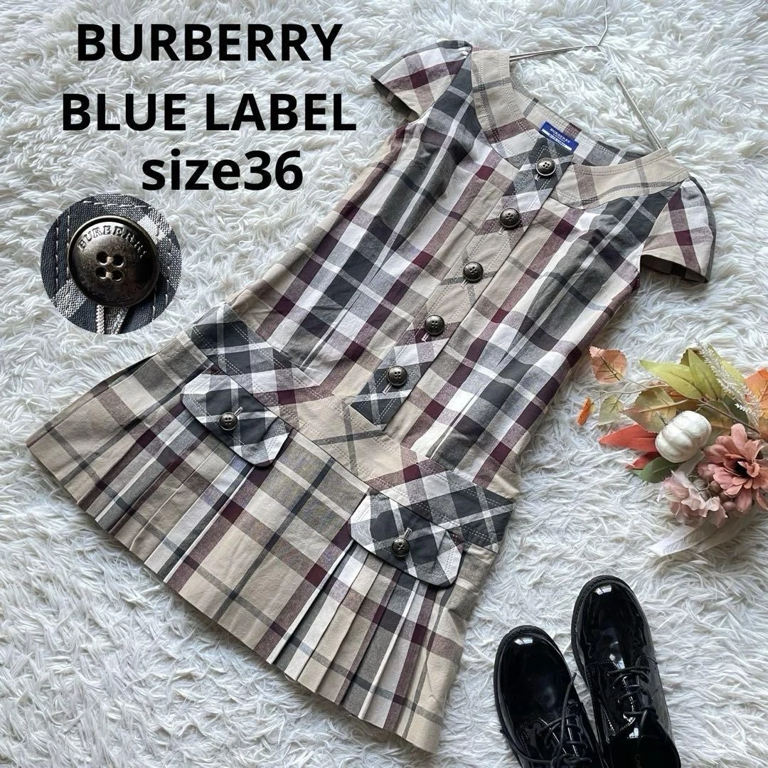 Abito Camicia Burberry Blue Label Mega Check Pieghettato 36 Beige
