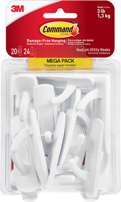 Medium Utility Hooks, 20 Hooks and 24 Strips, Damage-Free Hanging Wall Hook with