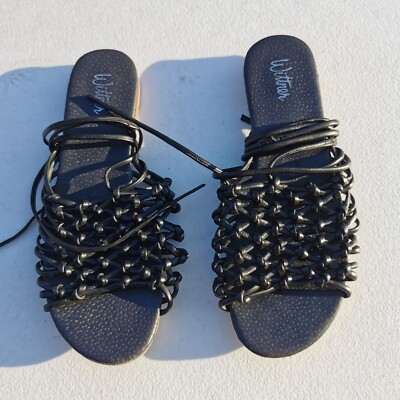 WITTNER Sz 39 Or 8 Black All Leather Boho Flat Sandal Self Tie 