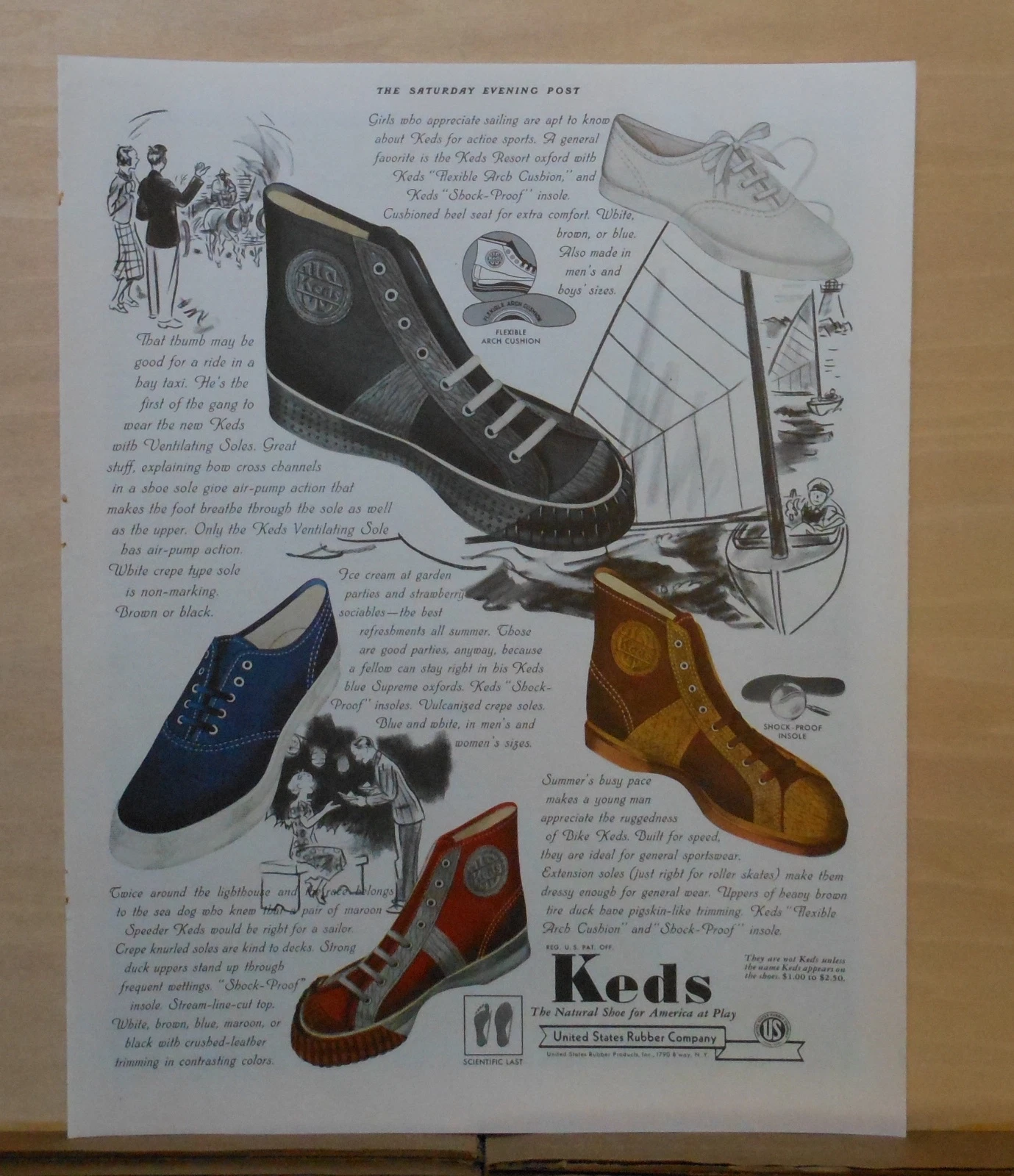 1937 magazine ad for Keds shoes   Speeder, Supreme, Bike, Vent. Sole, Resort