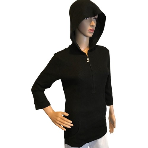 Christine Alexander Medium Black Cotton RETRO Hooded WAFFLE Top Shirt Retro Danc - Picture 3 of 11