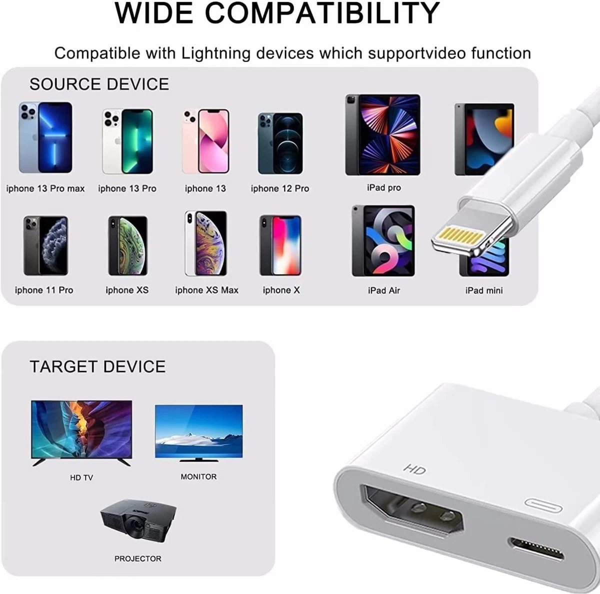 Cable Conector Adaptador de TV HDMI de 8 pines para iPhone 8 9 X 11 12