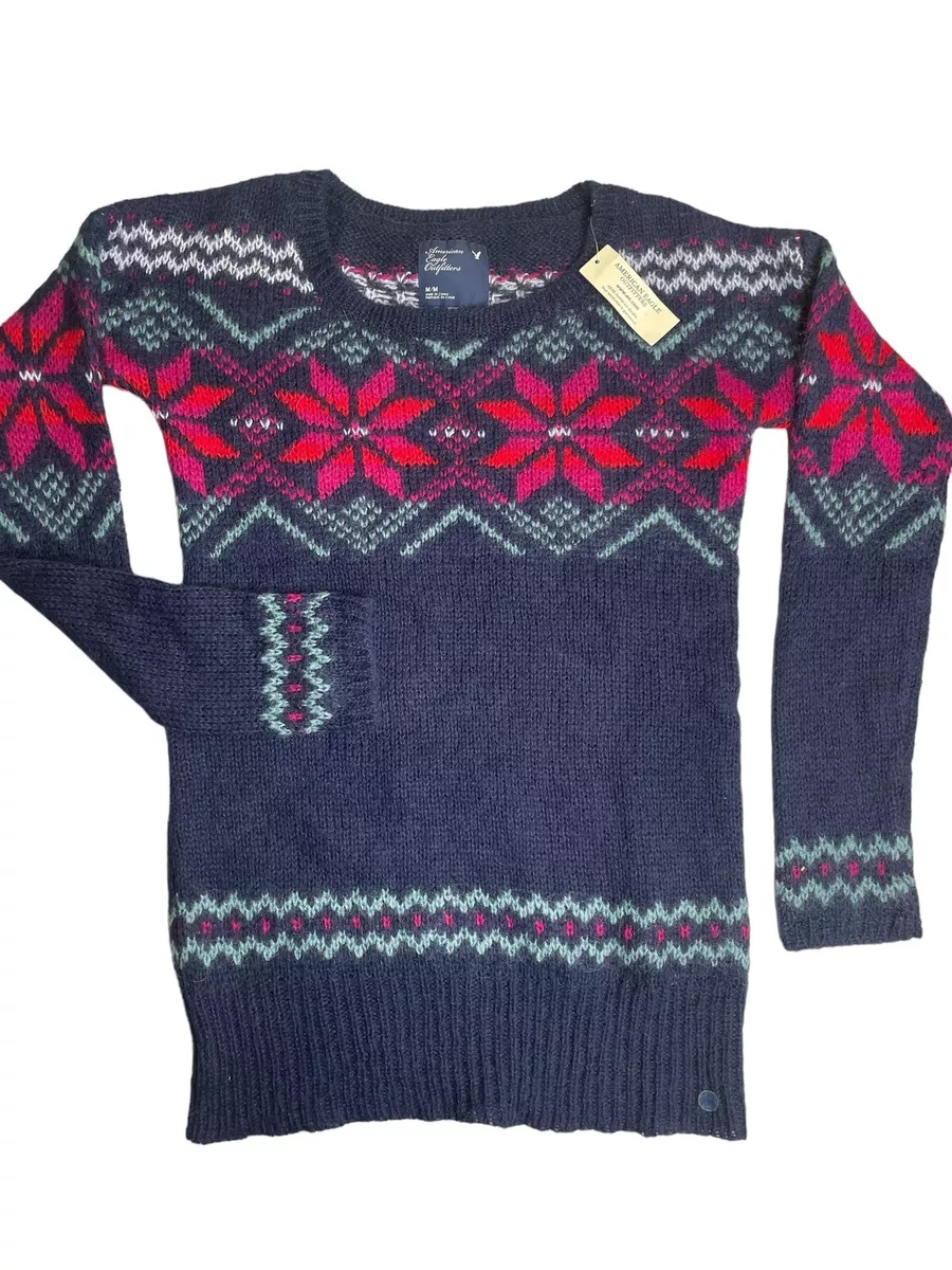 American Eagle Navy Blue Pink Flowers Christmas Knit Sweater Size Medium