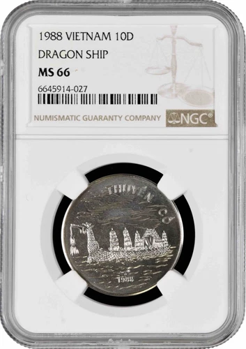Vietnam 10 dong 1988, NGC MS66, "Asian Dragon Ship" Cu-Ni coin