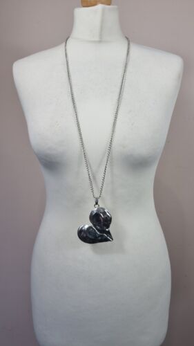 Large Hammered Metal Silver Coloured Large Heart Necklace Long Chain