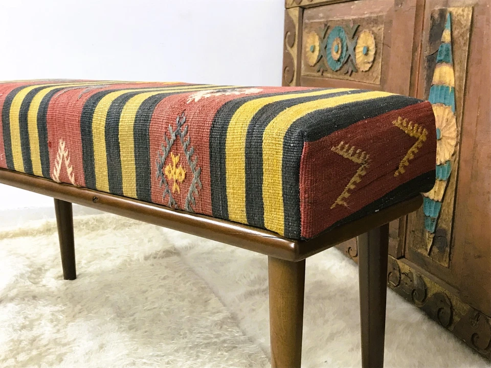 Handmade Kilim Upholstered Ottoman Footstool Piano Entryway Bedroom Bench - Image 4 of 4
