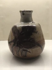 Vintage Artist Signed Brutalist Studio Art Pottery Vase  Mid Century Stoneware