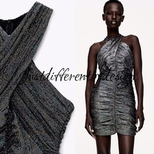 ZARA Shinny Silver Draped Halter Ruched Multicoloured Party Dress XS
