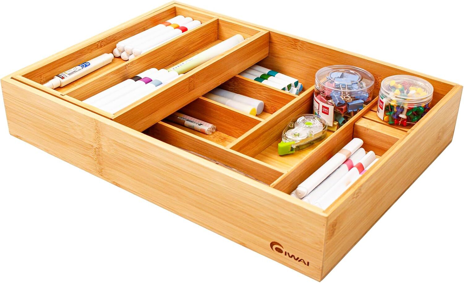 Double Layer Bamboo Drawer Organizer Slidable Tray Knife Holder Multi-use