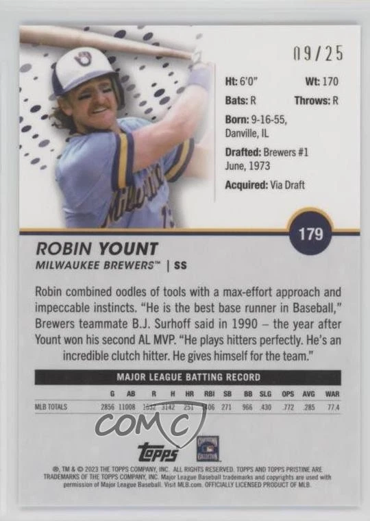 2023 Topps Pristine Orange Refractor /25 Robin Yount #179 HOF - Image 2 of 2