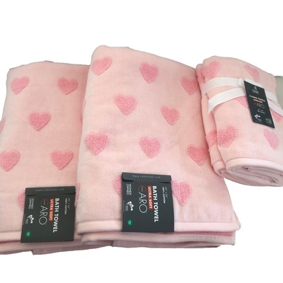 New Caro Ultra Soft Plush Thick Heart Pink Beautiful 2 Hand and 2 Bath Towels