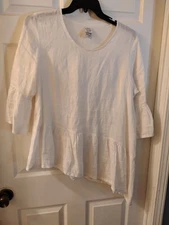 Match Point USA 100% Linen Blouse. Medium Asymmetrical Ruffle Hem. Bell Sleeve