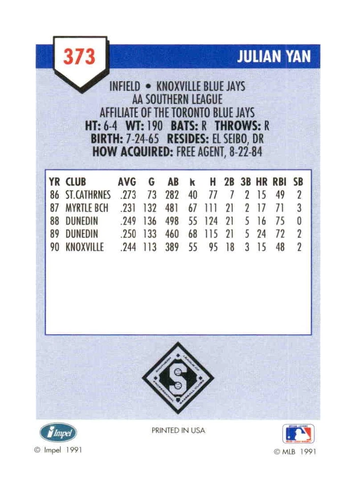 1991 Line Drive AA #373 Julian Yan - Image 2 of 2