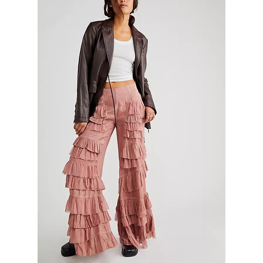 Free People Rock And Frill Pants Ruffle Tiered Smocked Mid-Rise