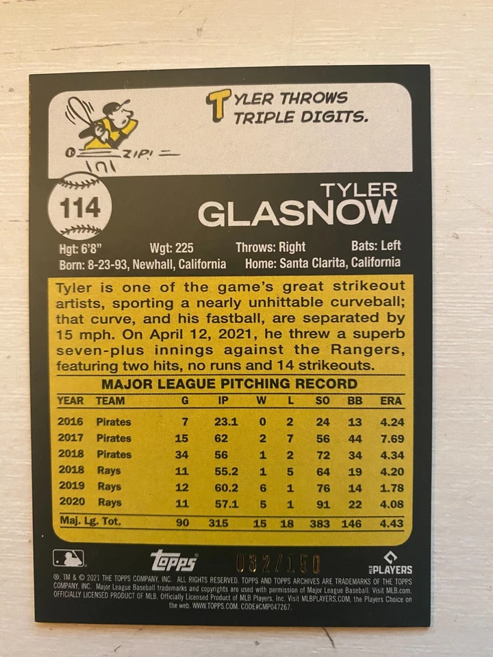 2021 Topps Archives - 1973 Topps Tyler Glasnow #114 Silver Parallel /150 , SP - Image 2 of 3