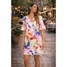 Trina Turk Floral Shift Dress Multicolor Flared Sleeve Size 8