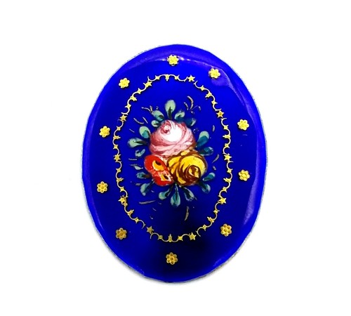  Antike ovale kobaltblaue Emaille & Gold Blume florales Design Plakette 29,5 mm #B63 - Bild 1 von 2