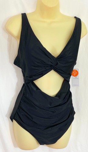 women's Charmo black swim suit size large adjustable straps peek a boo tummy