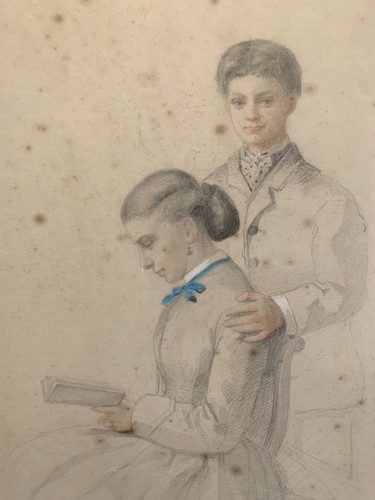 Mine de Plomb Portrait Famille Jeune Femme liseuse Jeune Homme Style Classe - Photo 4/11