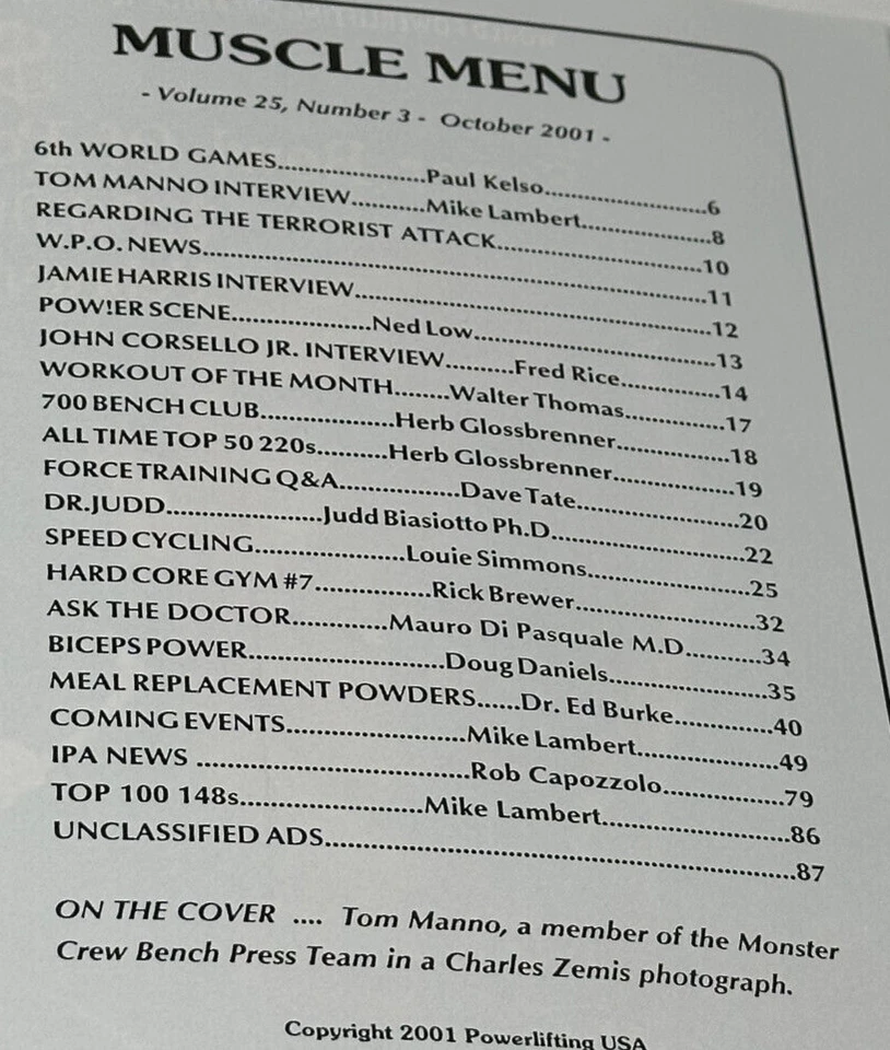 Powerlifting USA Magazine Oct 2001 Vol 25 Issue 3 Tom Manno Interview World Game - Image 3 of 3
