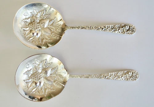 Pair of S. Kirk & Son REPOUSSE Sterling Silver Nut Bon Bon Spoons Fruit 5 1/8”