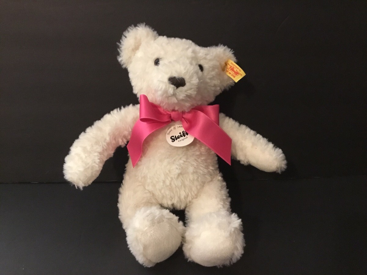 STEIFF 11” Plush Creamy White Teddy Bear w Pink Bow, Ear