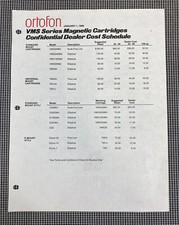 ORTOFON VMS CARTRIDGES DEALER COST SCHEDULE JANUARY  86 J01013