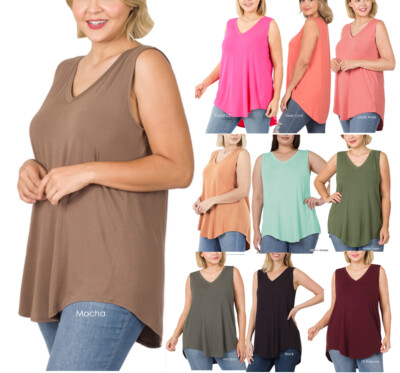 ZENANA 5540 PLUS Luxe Rayon V Neck Sleeveless Hi Lo Hem Tunic Top